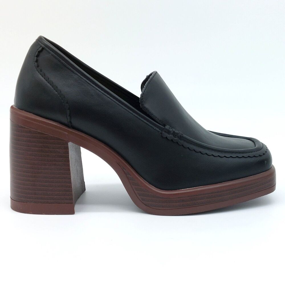 ** TORRID ** Black Leather Platform Loafers with Brown Wood-Tone Heel